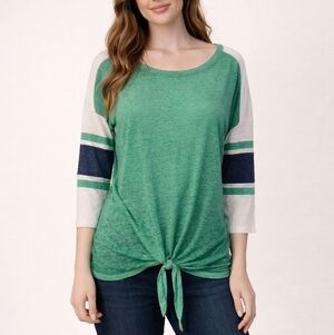 3/$30 SO Green and White Striped Sleeve Relaxed Baseball Tie Waist Burnout Shirt